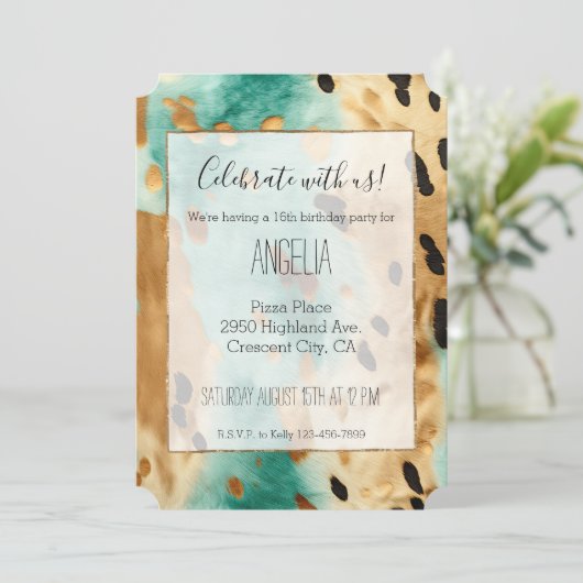 金ゴールドターコイズ黒動物誕生日 招待状 (スタンド正面)