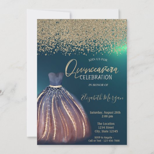 金ゴールドダイアモンズシックドレスグリーンキンセアニラ 招待状 (正面)