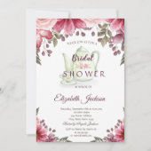 金ゴールドダイアモンズティーポットフローラブルゴーニュブライダルシャワー 招待状 (正面)