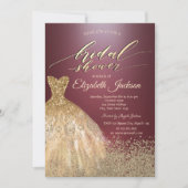 金ゴールドダイアモンズドレスダークブルゴーニュブライダルシャワー 招待状 (正面)