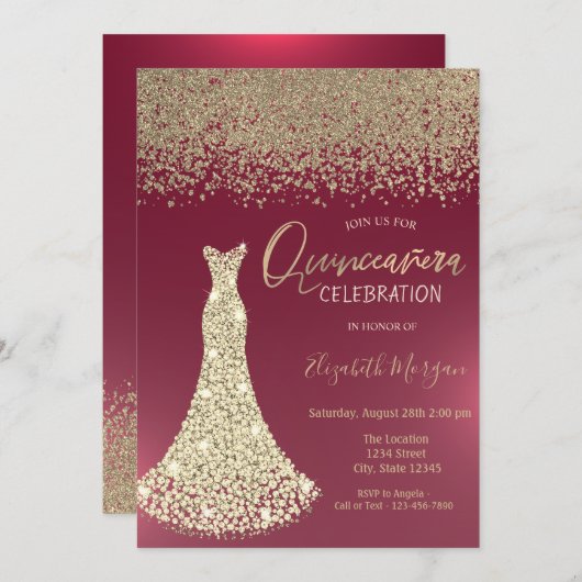 金ゴールドダイアモンズドレスレッドキンセアニェラ 招待状 (正面/裏面)