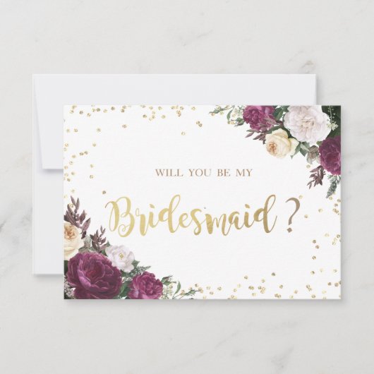 金ゴールドダイアモンズバーガンディフローラブライデスメイドカード 招待状 (正面)