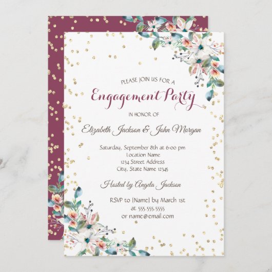 金ゴールドダイアモンズブルゴーニュフラワーズ婚約 招待状 (正面/裏面)