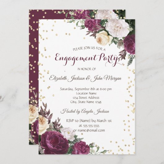 金ゴールドダイアモンズブルゴーニュフローラ婚約 招待状 (正面/裏面)