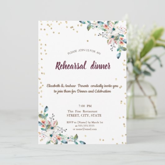 金ゴールドダイアモンフラワーズバーガンディリハーサルディナー 招待状 (スタンド正面)