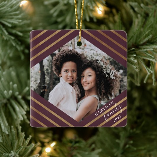 金ゴールドダイストライプヤモンドバーガンディ2フォトクリスマス セラミックオーナメント (ツリー)