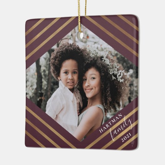 金ゴールドダイストライプヤモンドバーガンディ2フォトクリスマス セラミックオーナメント (左)