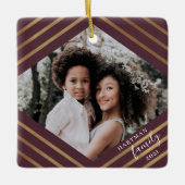 金ゴールドダイストライプヤモンドバーガンディ2フォトクリスマス セラミックオーナメント (正面)