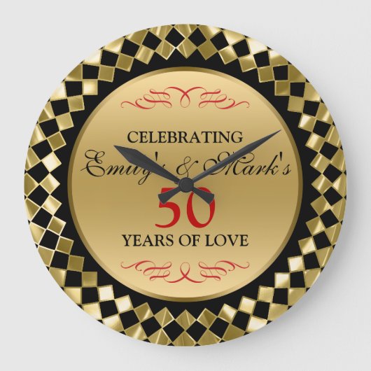 金ゴールドダイヤモンドと赤い渦巻き旋回 – 50周年 ラージ壁時計 (正面)