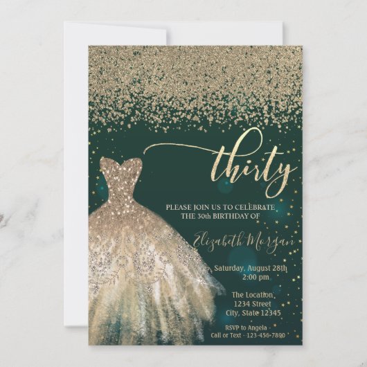 金ゴールドダイヤモンドエレガント、ドレスグリーン30歳の誕生日 招待状 (正面)