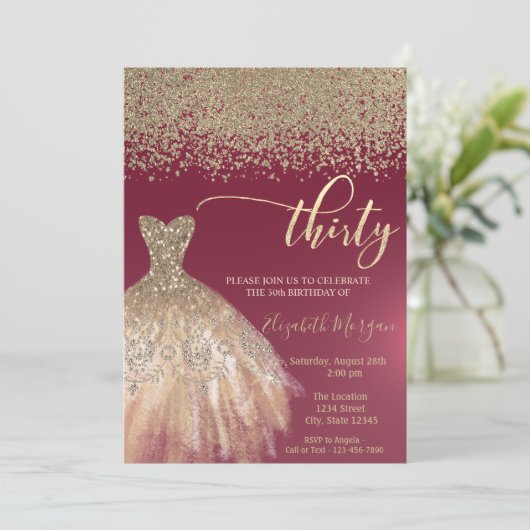 金ゴールドダイヤモンドエレガント、ドレスブルゴーニュ30歳の誕生日 招待状 (スタンド正面)