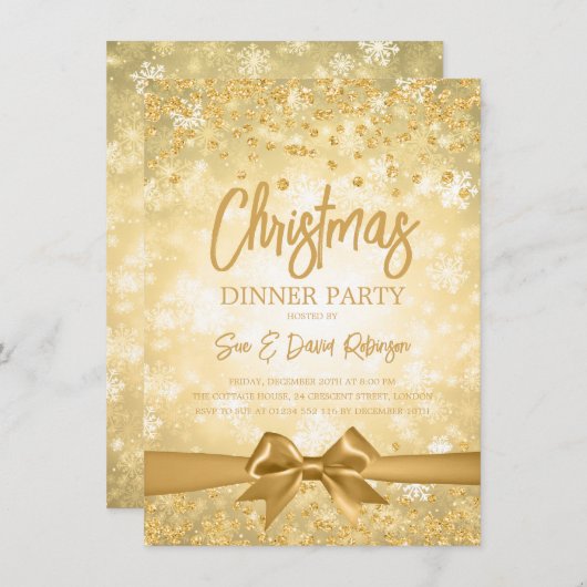 金ゴールドダイヤモンドグリッターリボンクリスマスホリデー 招待状 (正面/裏面)