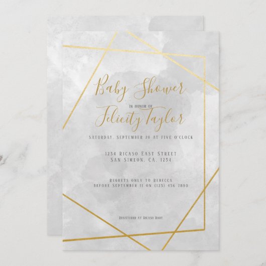 金ゴールドダイヤモンドジオメトリックグレー水色ベビーシャワー 招待状 (正面/裏面)