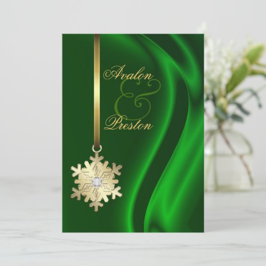 金ゴールドダイヤモンドスノーフレークグリーンシルク招待状 招待状 (スタンド正面)