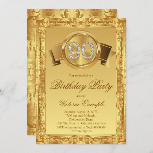 金ゴールドダイヤモンドスワール女性90誕生日 招待状 (正面/裏面)