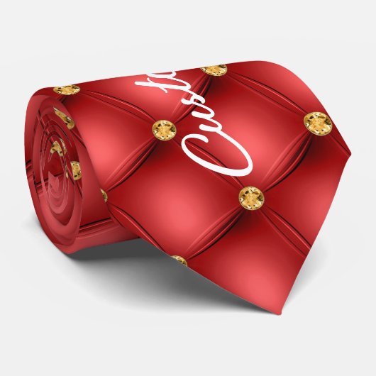 金ゴールドダイヤモンドタフテッドレッドレザーネックタイあなたのテキスト ネクタイ (ロール)
