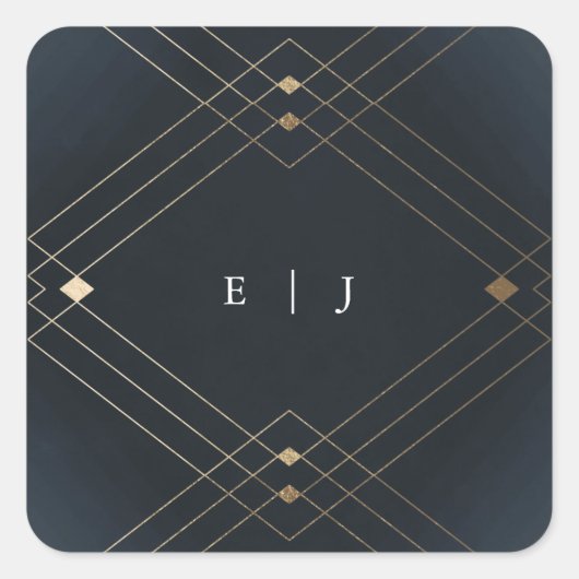 金ゴールドダイヤモンドネイビー幾何学模様デコ結婚ギャツビー スクエアシール (正面)