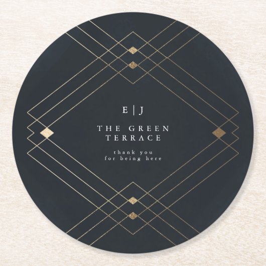 金ゴールドダイヤモンドネイビー幾何学模様デコ結婚ギャツビー ラウンドペーパーコースター (正面)