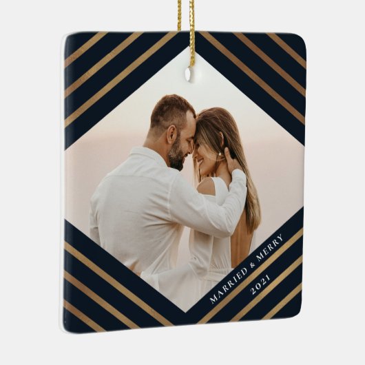 金ゴールドダイヤモンドネイビー2フォトメリー結婚したクリスマス セラミックオーナメント (右)