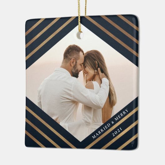 金ゴールドダイヤモンドネイビー2フォトメリー結婚したクリスマス セラミックオーナメント (左)