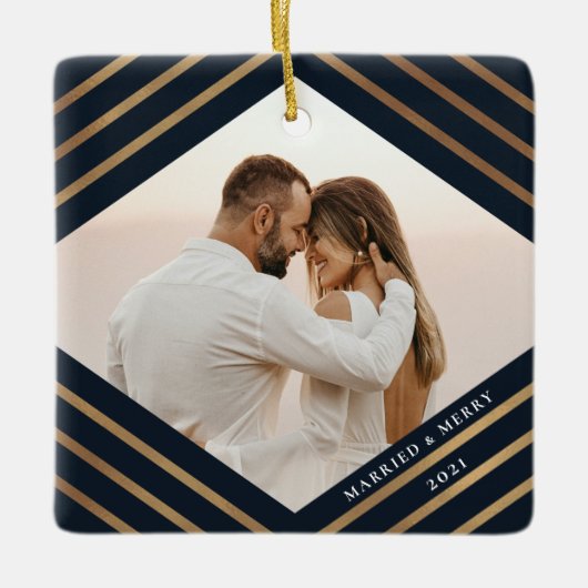 金ゴールドダイヤモンドネイビー2フォトメリー結婚したクリスマス セラミックオーナメント (正面)