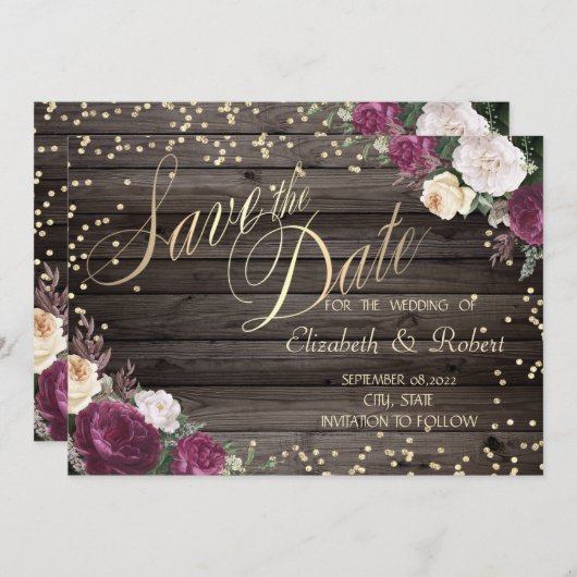 金ゴールドダイヤモンドバーガンディーフラワーウッド セーブザデート (正面/裏面)