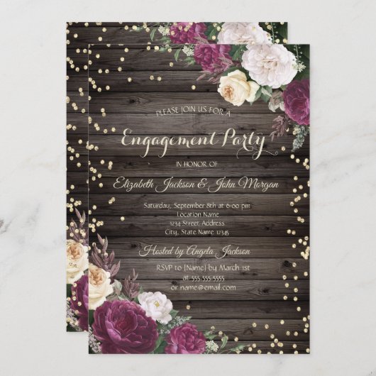 金ゴールドダイヤモンドバーガンディーフラワーウッド 招待状 (正面/裏面)