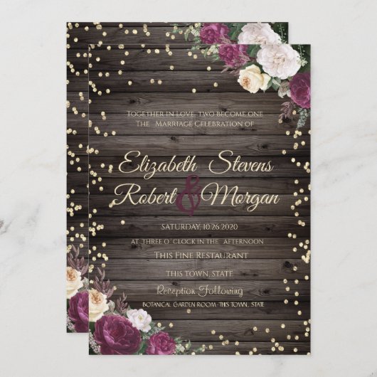 金ゴールドダイヤモンドバーガンディーフラワーウッド 招待状 (正面/裏面)