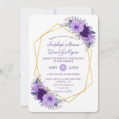 金ゴールドダイヤモンドパープルフローラジオメト結婚リ 招待状 (正面)