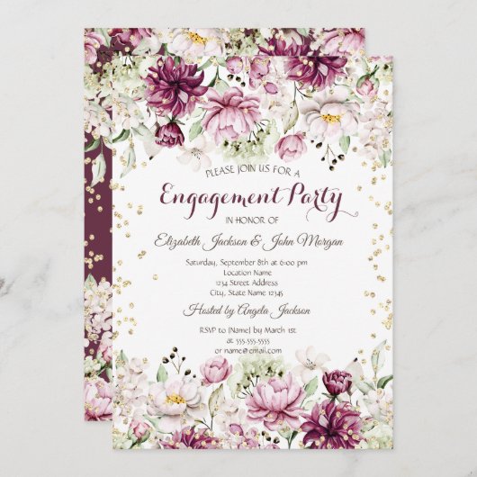 金ゴールドダイヤモンドピンクの花婚約 招待状 (正面/裏面)