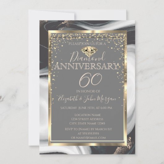 金ゴールドダイヤモンドフレーム結婚大理石記念日 招待状 (正面)