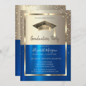 金ゴールドダイヤモンドフレーム、水彩グラッドキャップ金ゴールドブルー 招待状 (正面/裏面)