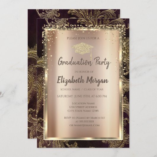 金ゴールドダイヤモンドフローラダマスク卒業 招待状 (正面/裏面)