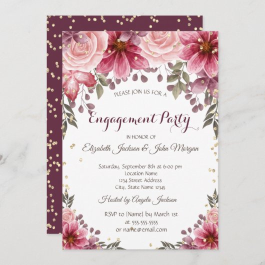 金ゴールドダイヤモンドフローラブルゴーニュ婚約 招待状 (正面/裏面)