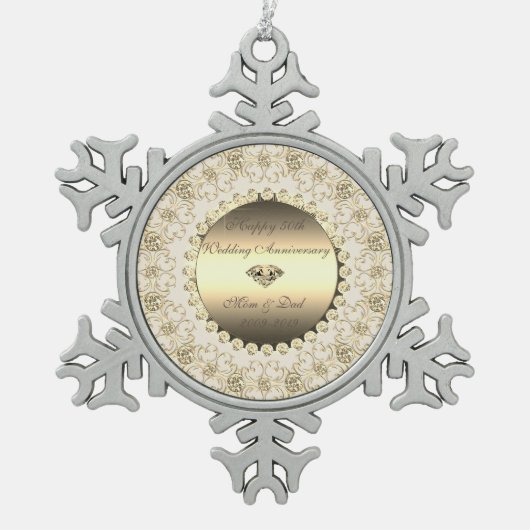 金ゴールドダイヤモンドフローラ結婚50周年 スノーフレークピューターオーナメント (正面)