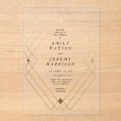 金ゴールドダイヤモンドホワイト幾何学模様デコ結婚ギャツビー アクリル招待状 (正面)