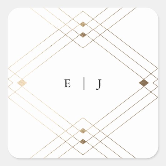 金ゴールドダイヤモンドホワイト幾何学模様デコ結婚ギャツビー スクエアシール (正面)