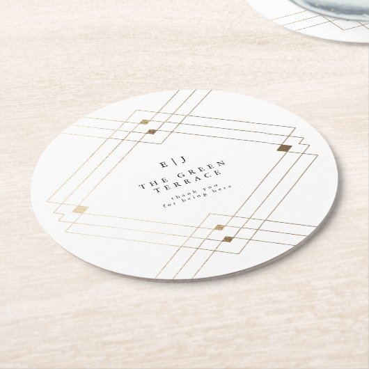 金ゴールドダイヤモンドホワイト幾何学模様デコ結婚ギャツビー ラウンドペーパーコースター (アングル)