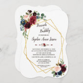 金ゴールドダイヤモンドメルロネイビーブルーフローラブライダルシャワー 招待状 (正面/裏面)