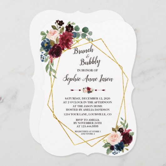 金ゴールドダイヤモンドメルロネイビーブルーフローラブライダルシャワー 招待状 (正面/裏面)