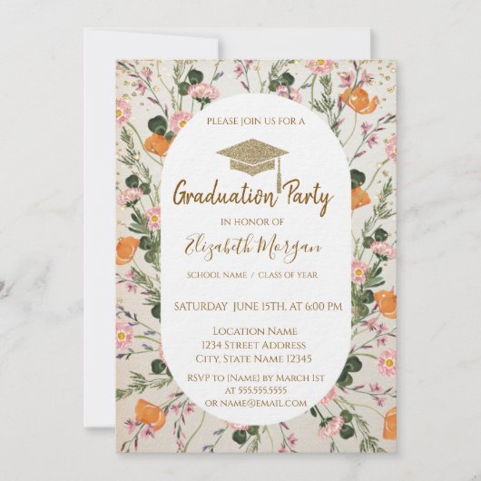 金ゴールドダイヤモンド牧草地ワイルドフラワーズ卒業 招待状 (正面)