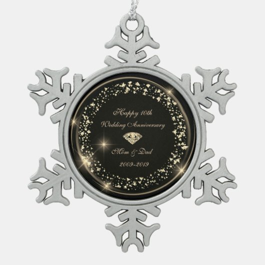 金ゴールドダイヤモンド紙吹雪結婚10周年記念 スノーフレークピューターオーナメント (正面)