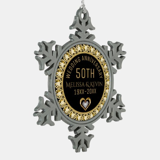 金ゴールドダイヤモンド結婚50周年記念テンプレート スノーフレークピューターオーナメント (左)