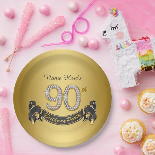 金ゴールドダイヤモンド90th誕生日パーティー ペーパープレート (パーティー)