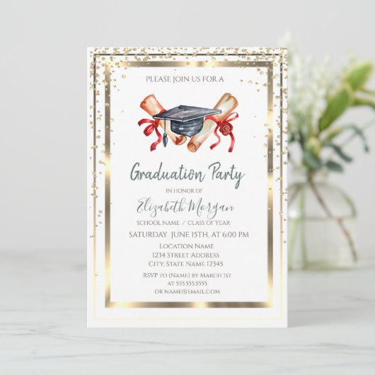 金ゴールドダイヤモンド、フレーム、卒業キャップ卒業証書 招待状 (スタンド正面)