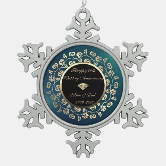 金ゴールドダイヤモンド、フローラグリーン結婚10周年 スノーフレークピューターオーナメント (正面)