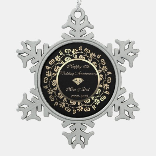 金ゴールドダイヤモンド、フローラ結婚10周年記念 スノーフレークピューターオーナメント (正面)