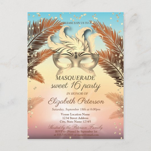 金ゴールドダイヤモンド、マスク、パームズスウィート16 インビテーションポストカード (正面)