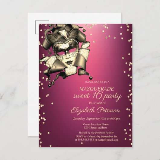 金ゴールドダイヤモンド、ヴェネツィアマスク、パープルスウィート16 インビテーションポストカード (正面/裏面)