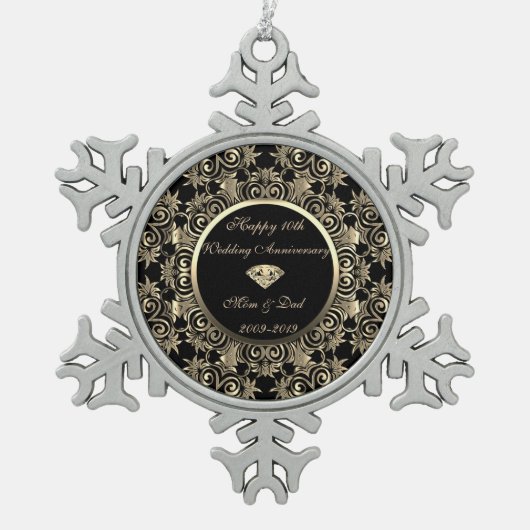 金ゴールドダイヤ結婚モンド10周年記念 スノーフレークピューターオーナメント (正面)